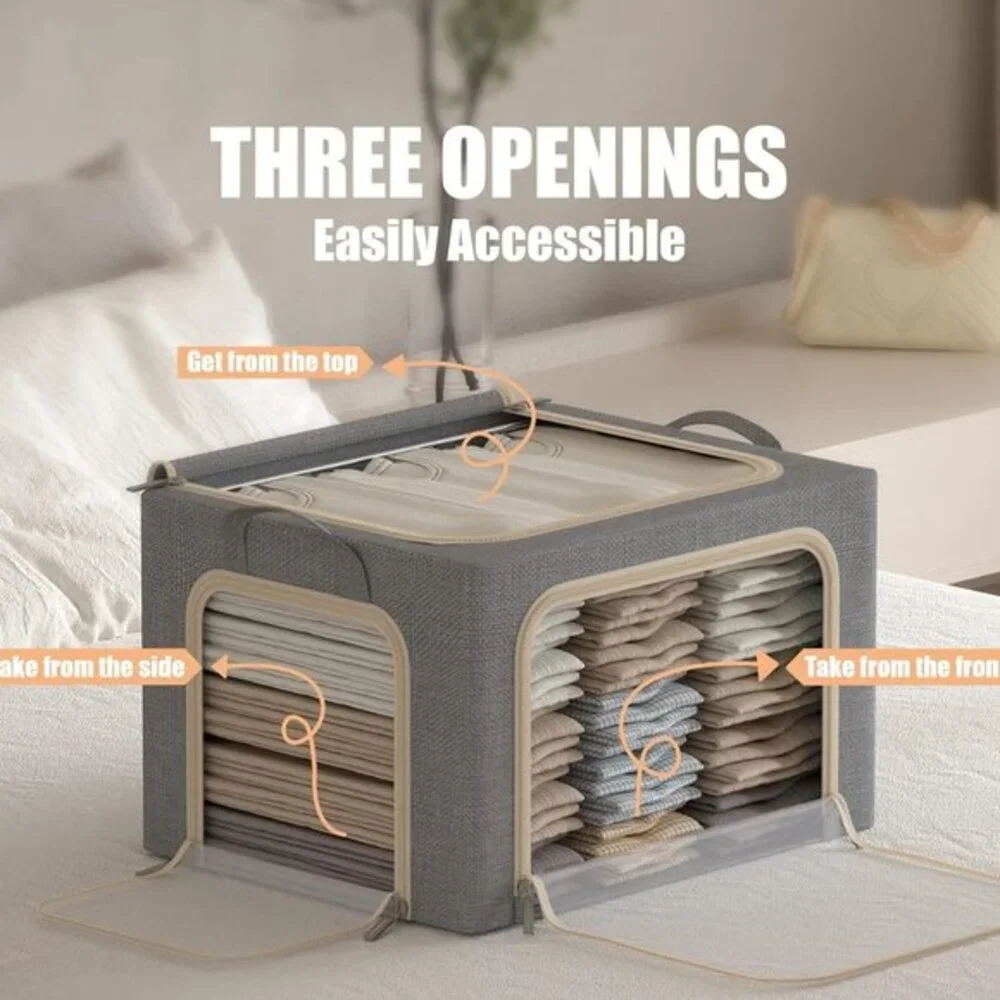 3 Openings Clothes Storage Bins with Metal Frame Foldable Storage Bin for Clothe